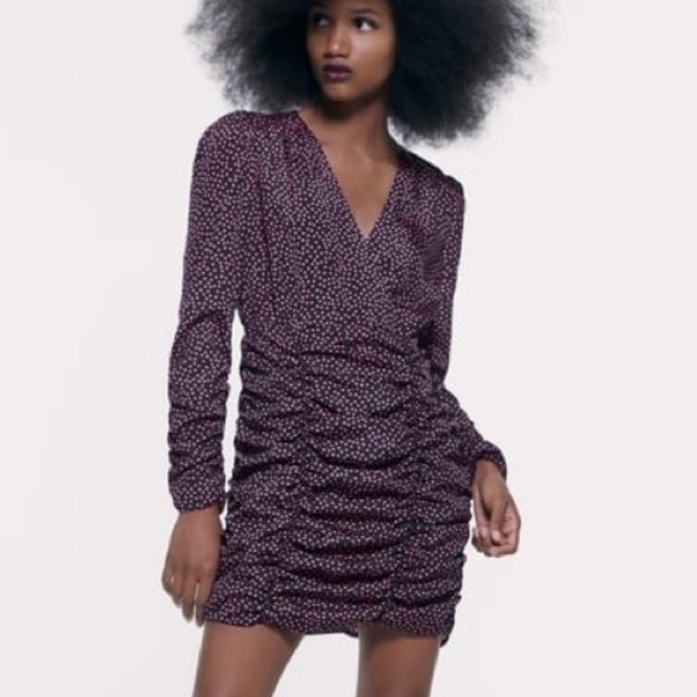 ZARA Ruched Pink Hearts All Over Print Long Sleeve Mini Dress Valentine